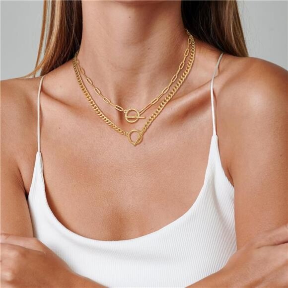 Gold Layered Necklace Set for Women – Paperclip & Cuban Toggle Chains - Picture 4 of 6